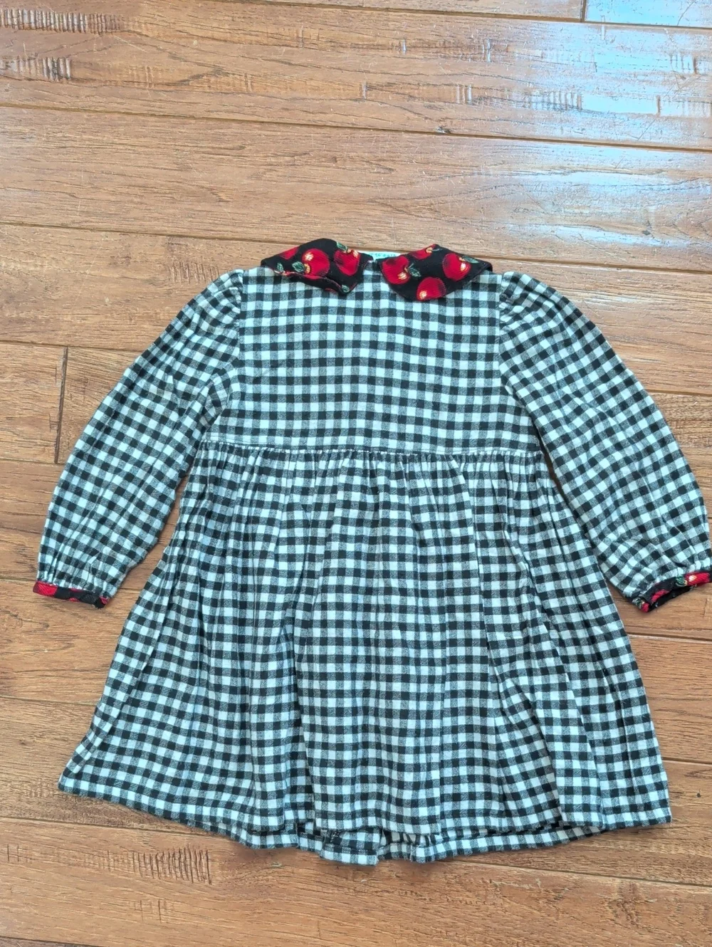 Kate Greenaway Vintage Flannel Black White Gingham Dress with Red Cherry Accents